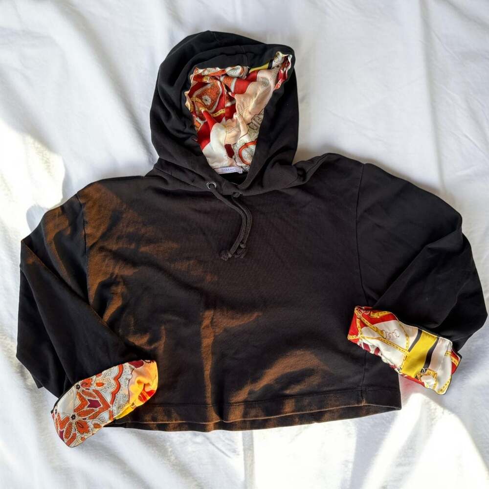 Zara Black Cropped Hoodie with Scarf Lining Size M
